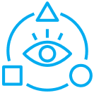 Eye symbol with geometric shapes, blue lines.