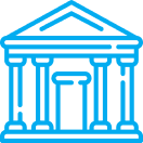 Blue outline of a classical building icon.